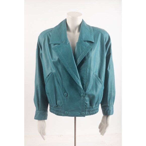 Vakko Womens Vintage Leather Bomber Jacket Teal Blue M Medium 1980s oversized - Picture 1 of 6